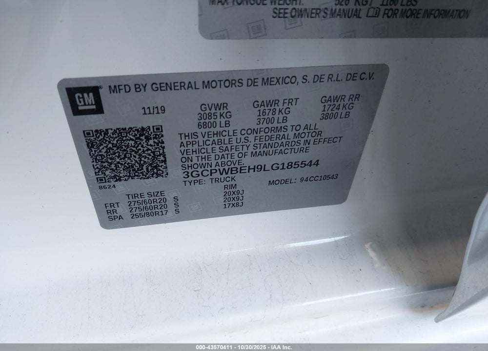 2020 CHEVROLET SILVERADO 1500 2WD SHORT BED CUSTOM VIN: 3GCPWBEH9LG185544