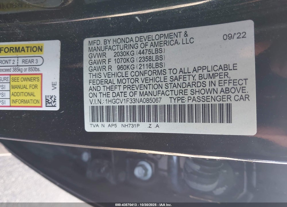 2022 HONDA ACCORD VIN: 1HGCV1F33NA085067