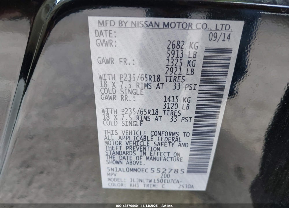 2014 INFINITI QX60 VIN: 5N1AL0MM0EC552785
