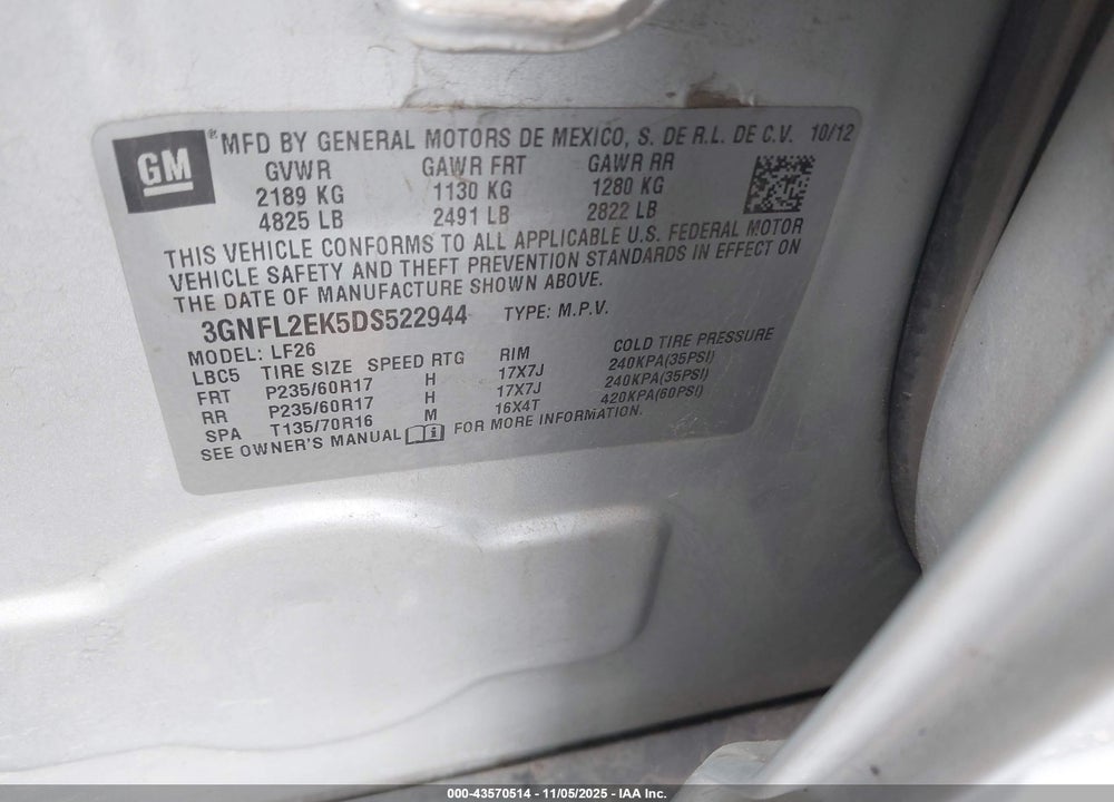 2013 CHEVROLET CAPTIVA SPORT VIN: 3GNFL2EK5DS522944