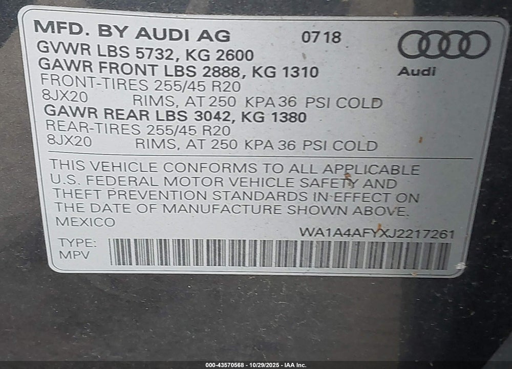 2018 AUDI SQ5 3.0T PREMIUM PLUS VIN: WA1A4AFYXJ2217261