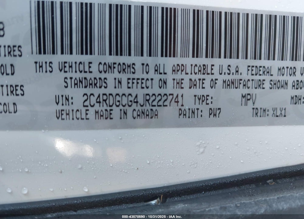2018 DODGE GRAND CARAVAN SXT VIN: 2C4RDGCG4JR222741