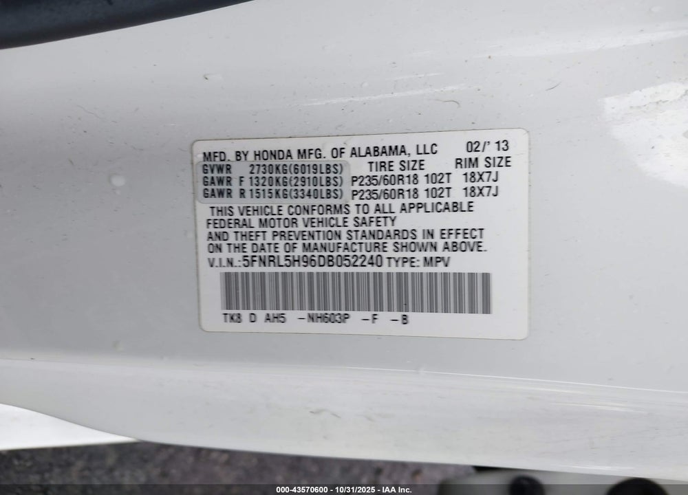 2013 HONDA ODYSSEY TOURING/TOURING ELITE VIN: 5FNRL5H96DB052240