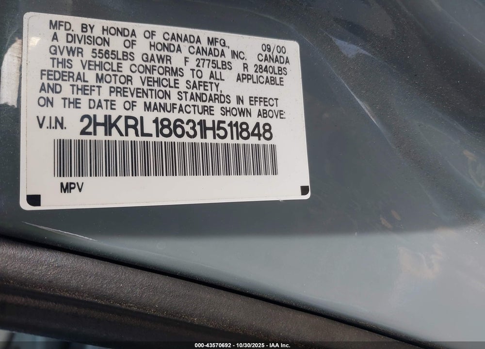 2001 HONDA ODYSSEY EX VIN: 2HKRL18631H511848