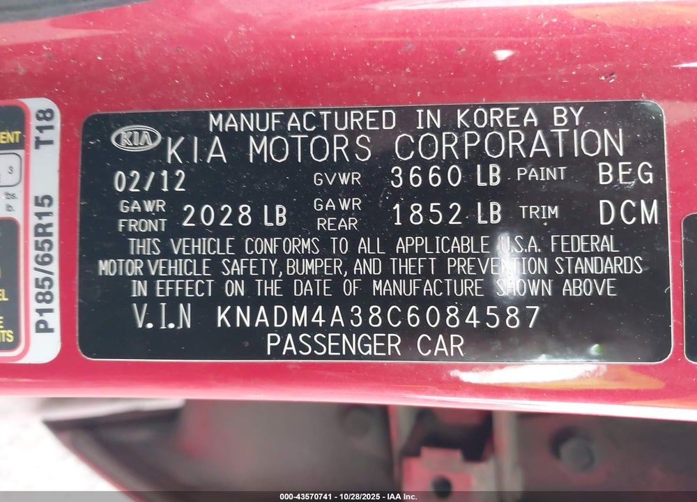 2012 KIA RIO LX VIN: KNADM4A38C6084587