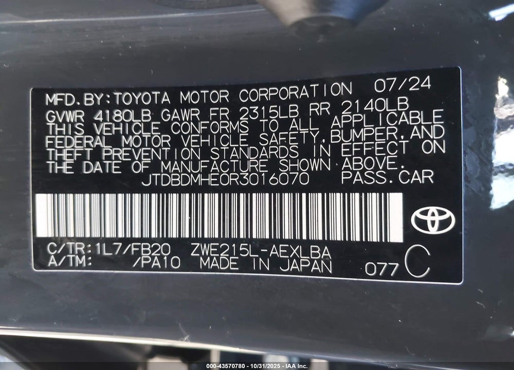 2024 TOYOTA COROLLA VIN: JTDBDMHE0R3016070