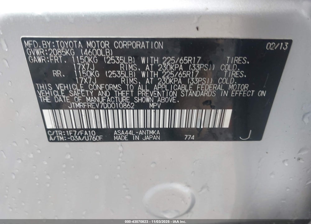 2013 TOYOTA RAV4 VIN: JTMRFREV7DD010862