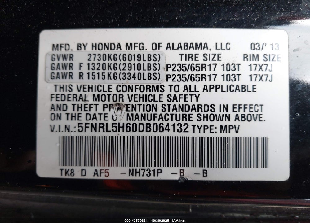 2013 HONDA ODYSSEY EX-L VIN: 5FNRL5H60DB064132