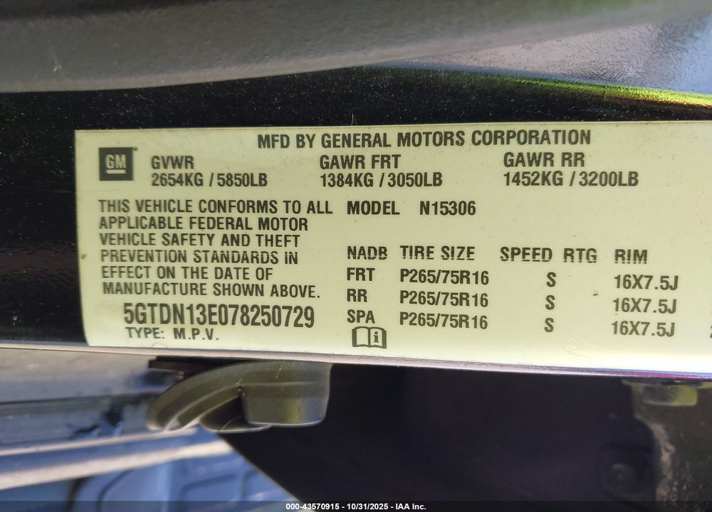 2007 HUMMER H3 SUV VIN: 5GTDN13E078250729