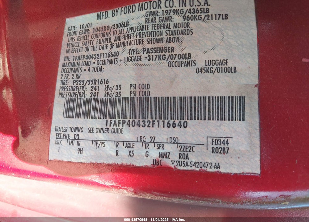 2002 FORD MUSTANG VIN: 1FAFP40432F116640