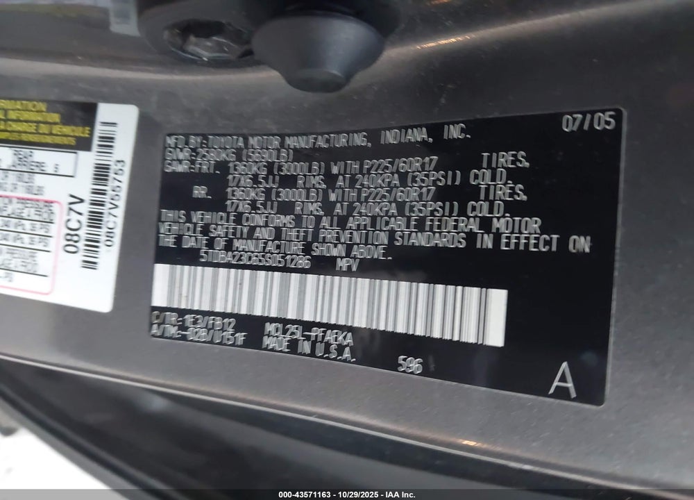 2005 TOYOTA SIENNA VIN: 5TDBA23C65S051286