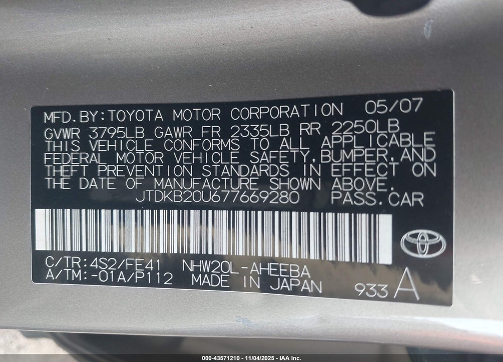2007 TOYOTA PRIUS VIN: JTDKB20U677669280