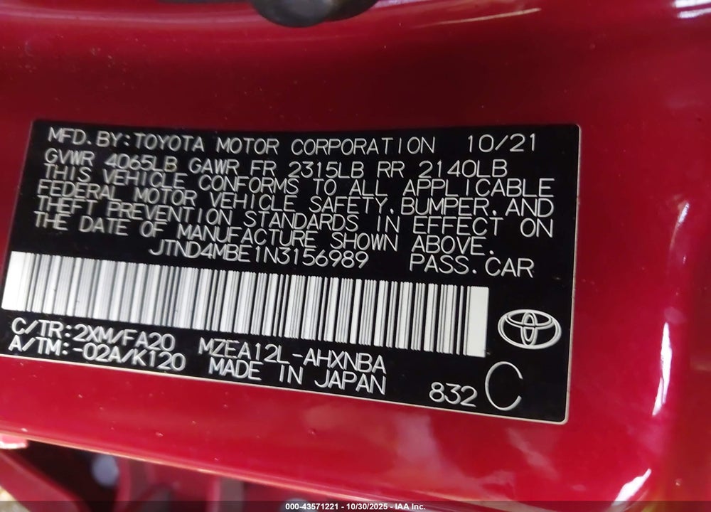 2022 TOYOTA COROLLA SE VIN: JTND4MBE1N3156989