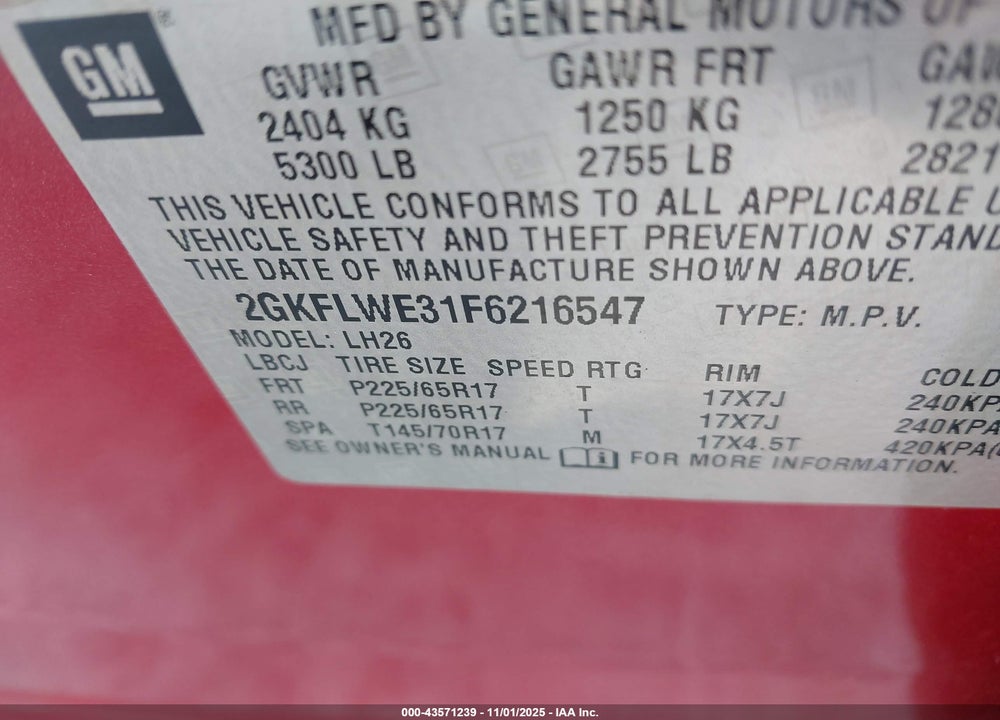 2015 GMC TERRAIN VIN: 2GKFLWE31F6216547