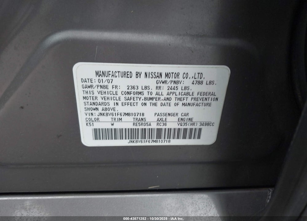 2007 INFINITI G35X VIN: JNKBV61F67M810718