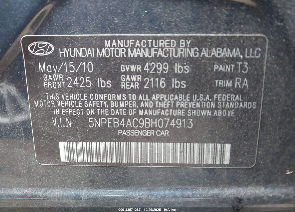 2011 HYUNDAI SONATA VIN: 5NPEB4AC9BH074913