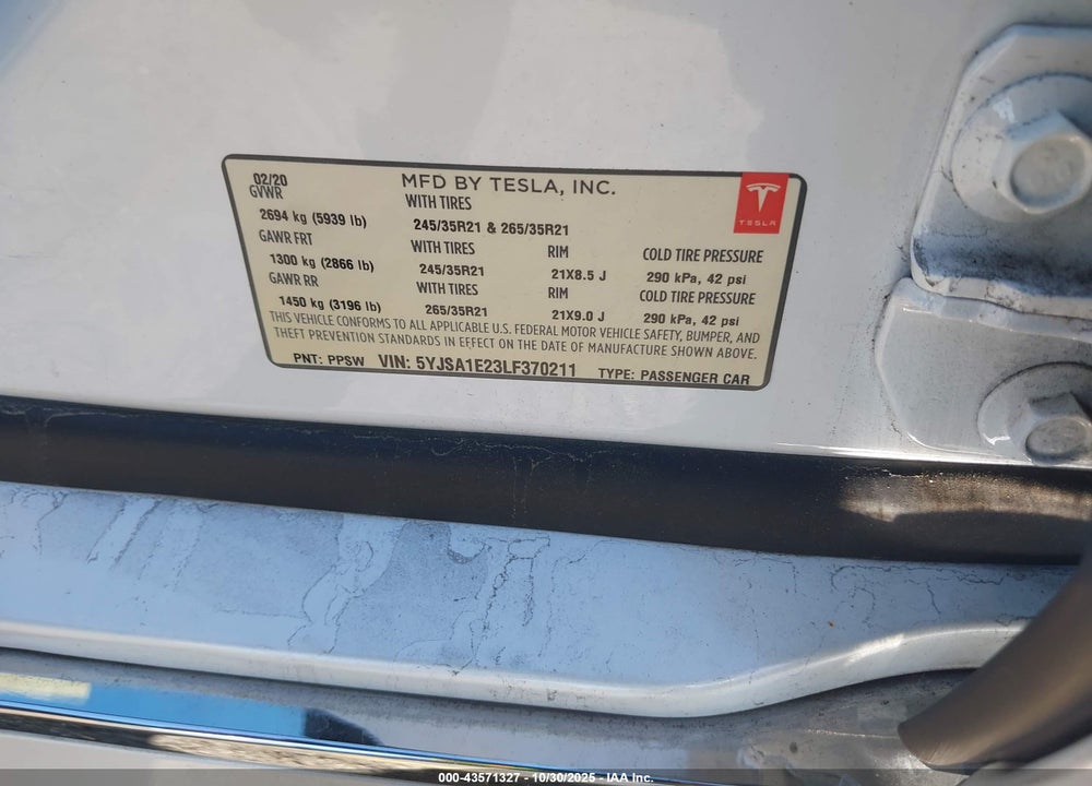 2020 TESLA MODEL S VIN: 5YJSA1E23LF370211
