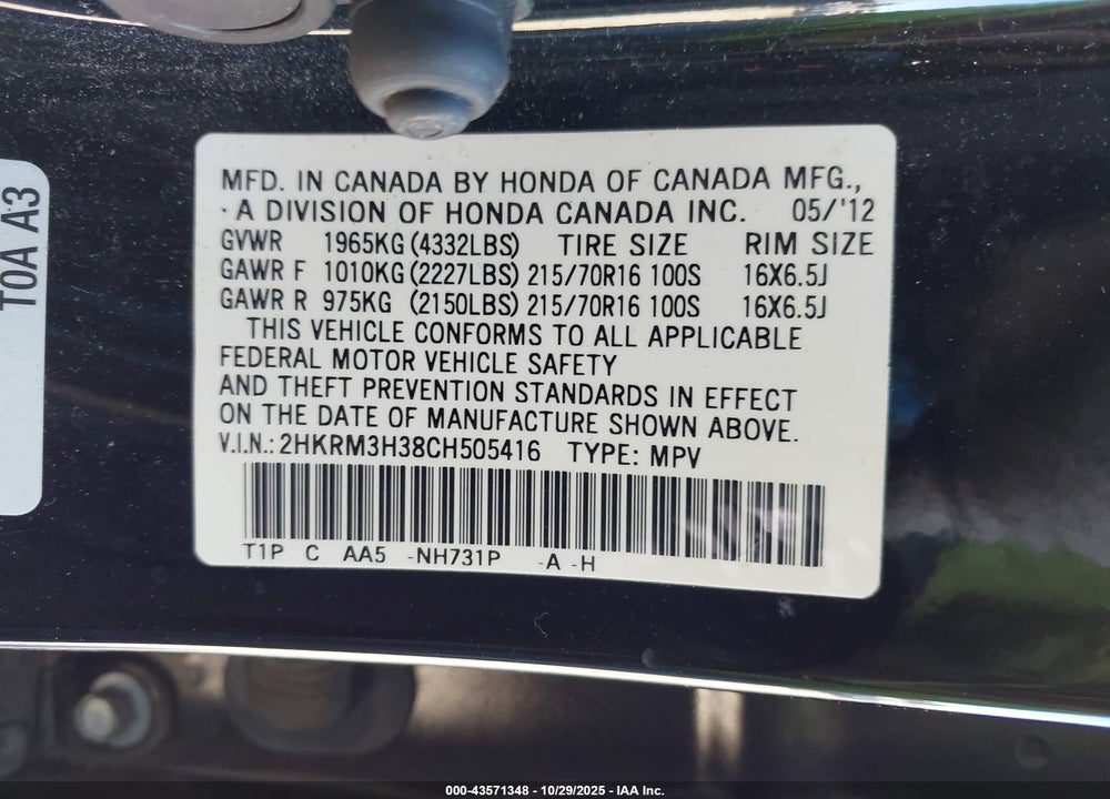 2012 HONDA CR-V LX VIN: 2HKRM3H38CH505416