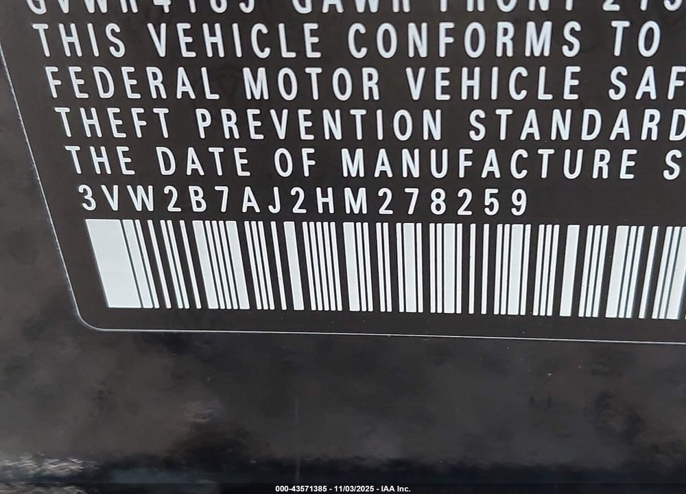 2017 VOLKSWAGEN JETTA VIN: 3VW2B7AJ2HM278259