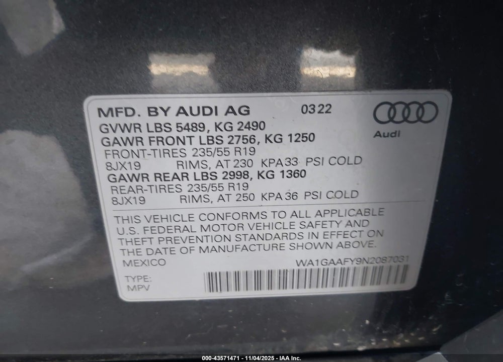 2022 AUDI Q5 PREMIUM 45 TFSI S LINE QUATTRO S TRONIC VIN: WA1GAAFY9N2087031