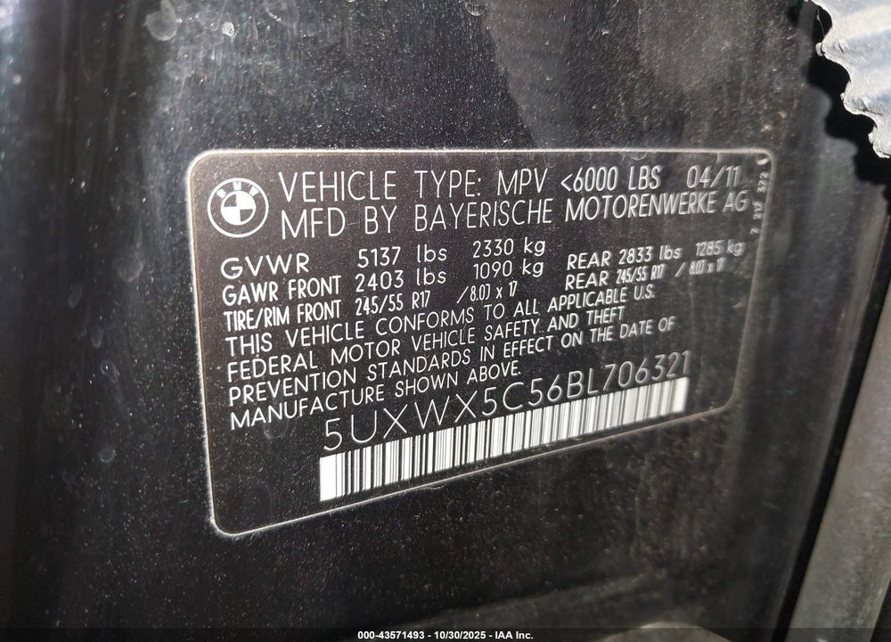 2011 BMW X3 XDRIVE28I VIN: 5UXWX5C56BL706321