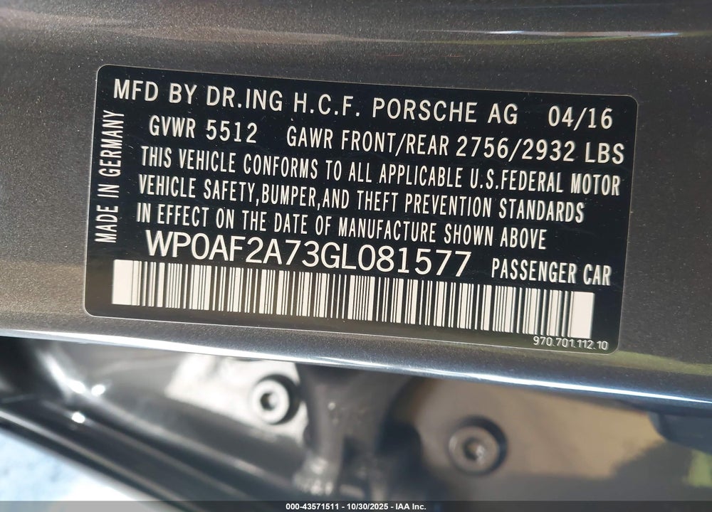 2016 PORSCHE PANAMERA GTS VIN: WP0AF2A73GL081577