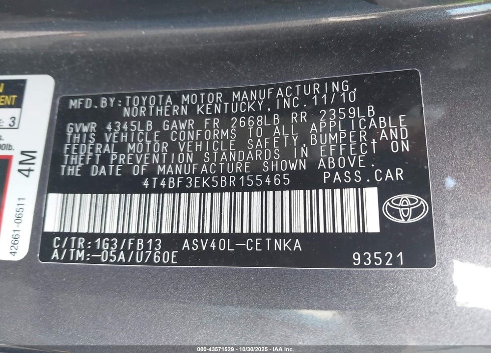 2011 TOYOTA CAMRY VIN: 4T4BF3EK5BR155465