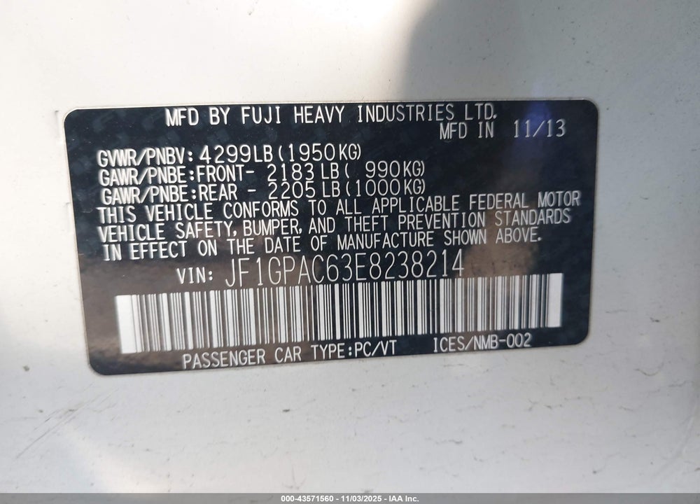 2014 SUBARU IMPREZA 2.0I PREMIUM VIN: JF1GPAC63E8238214