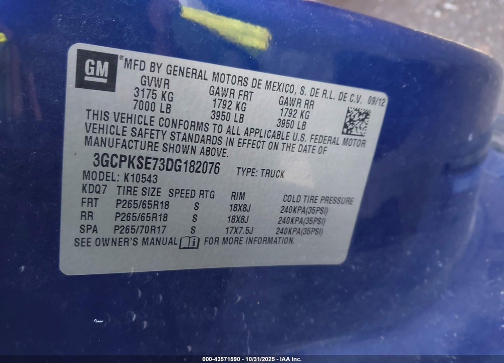 2013 CHEVROLET SILVERADO 1500 VIN: 3GCPKSE73DG182076