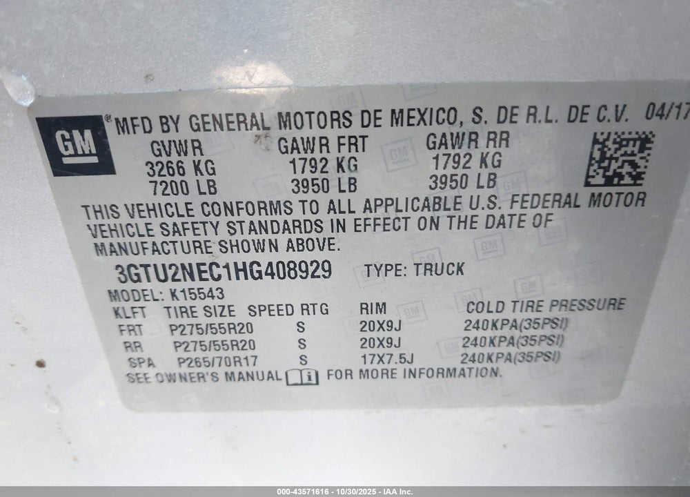 2017 GMC SIERRA 1500 SLT VIN: 3GTU2NEC1HG408929