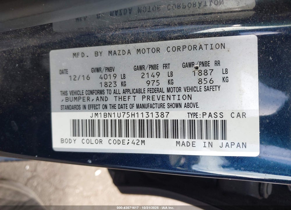 2017 MAZDA 3 SPORT VIN: JM1BN1U75H1131387