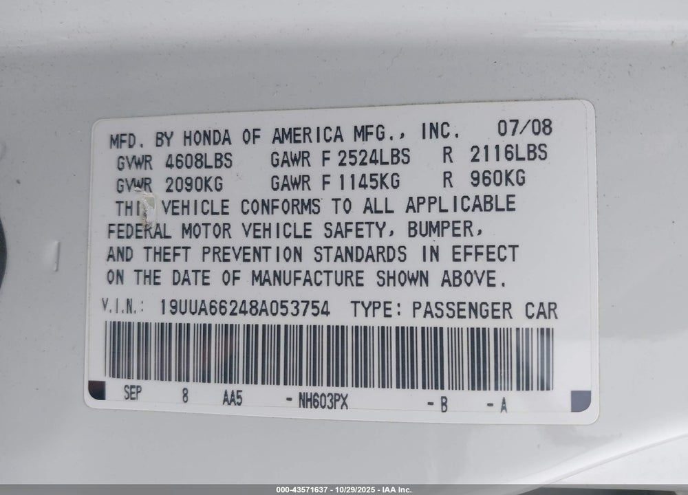 2008 ACURA TL VIN: 19UUA66248A053754