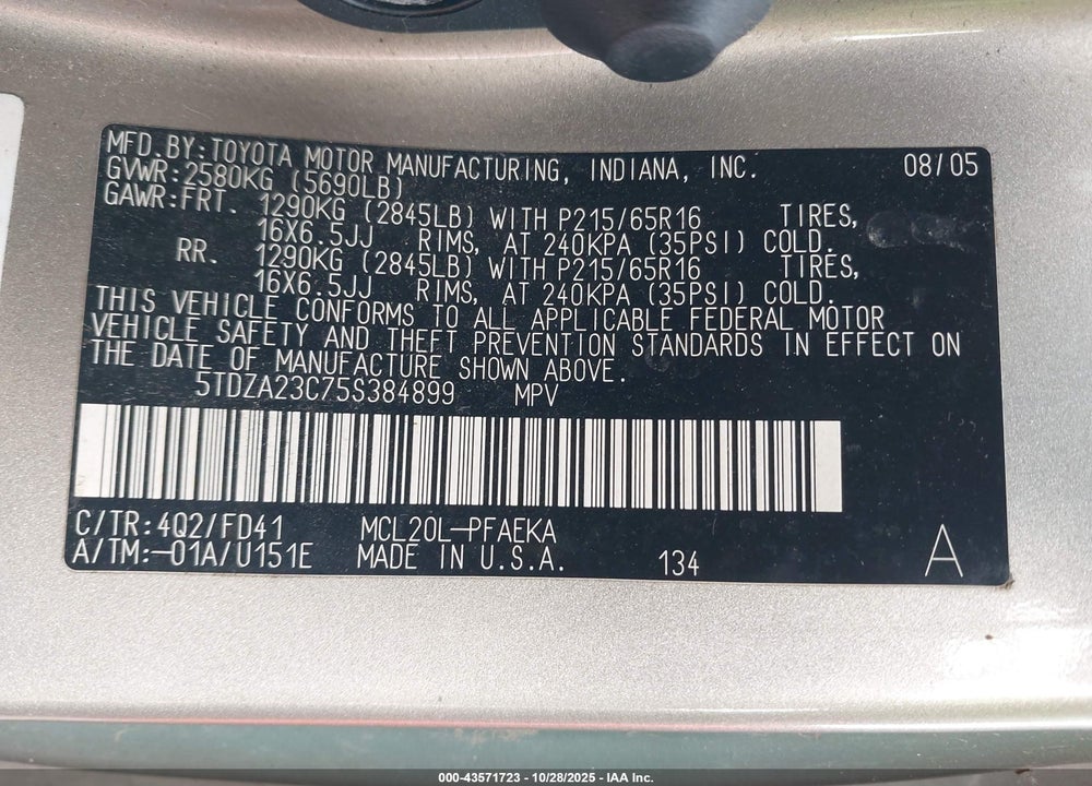 2005 TOYOTA SIENNA CE VIN: 5TDZA23C75S384899