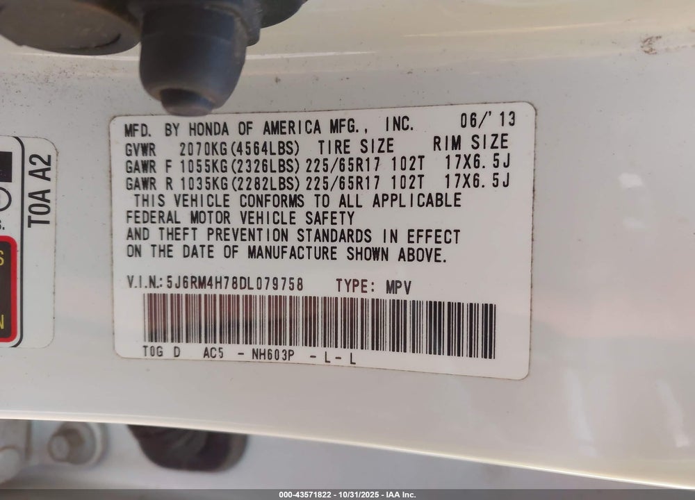 2013 HONDA CR-V EX-L VIN: 5J6RM4H78DL079758