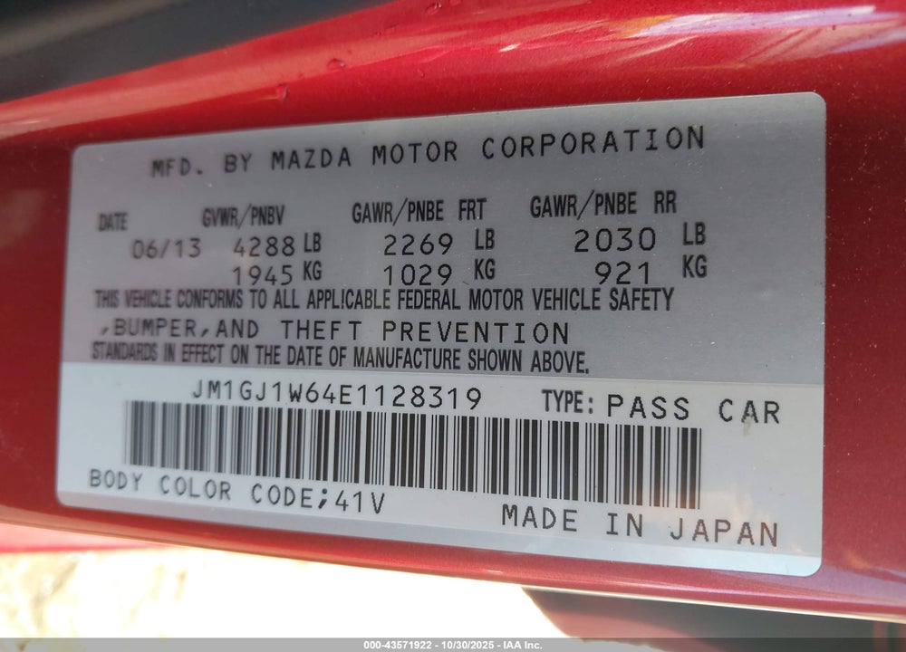 2014 MAZDA 6 VIN: JM1GJ1W64E1128319