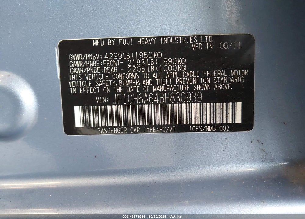 2011 SUBARU IMPREZA 2.5I VIN: JF1GH6A64BH830939