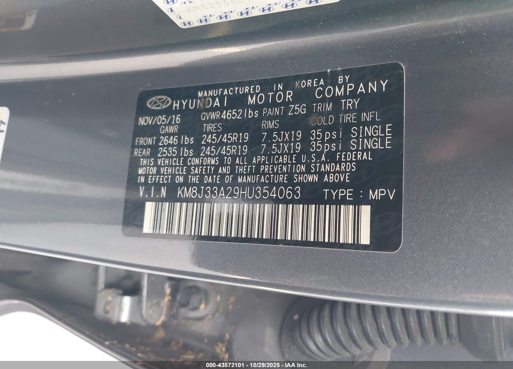 2017 HYUNDAI TUCSON LIMITED VIN: KM8J33A29HU354063