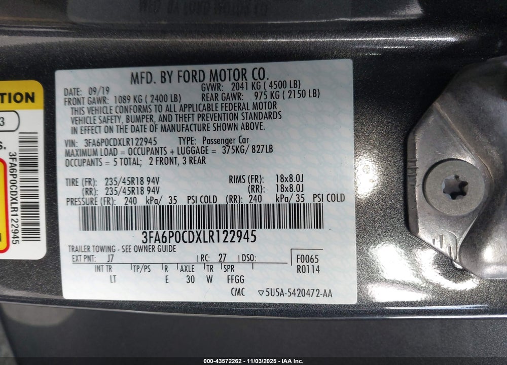 2020 FORD FUSION SEL VIN: 3FA6P0CDXLR122945