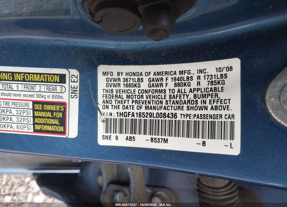 2009 HONDA CIVIC LX VIN: 1HGFA16529L008436