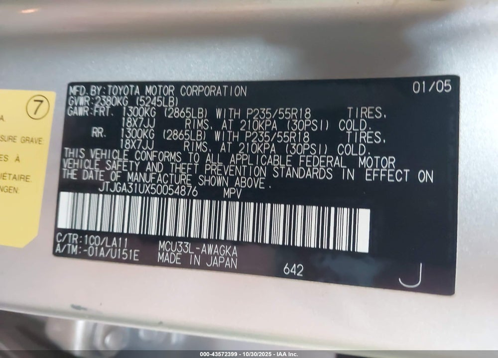 2005 LEXUS RX 330 VIN: JTJGA31UX50054876