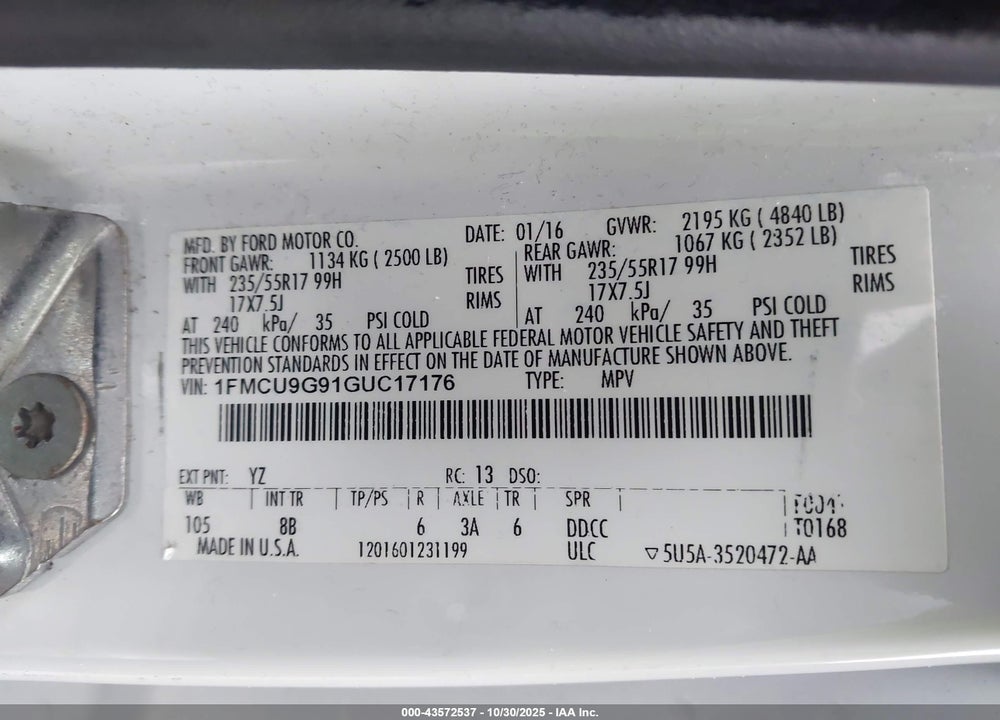 2016 FORD ESCAPE VIN: 1FMCU9G91GUC17176