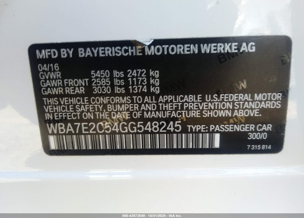2016 BMW 740I VIN: WBA7E2C54GG548245