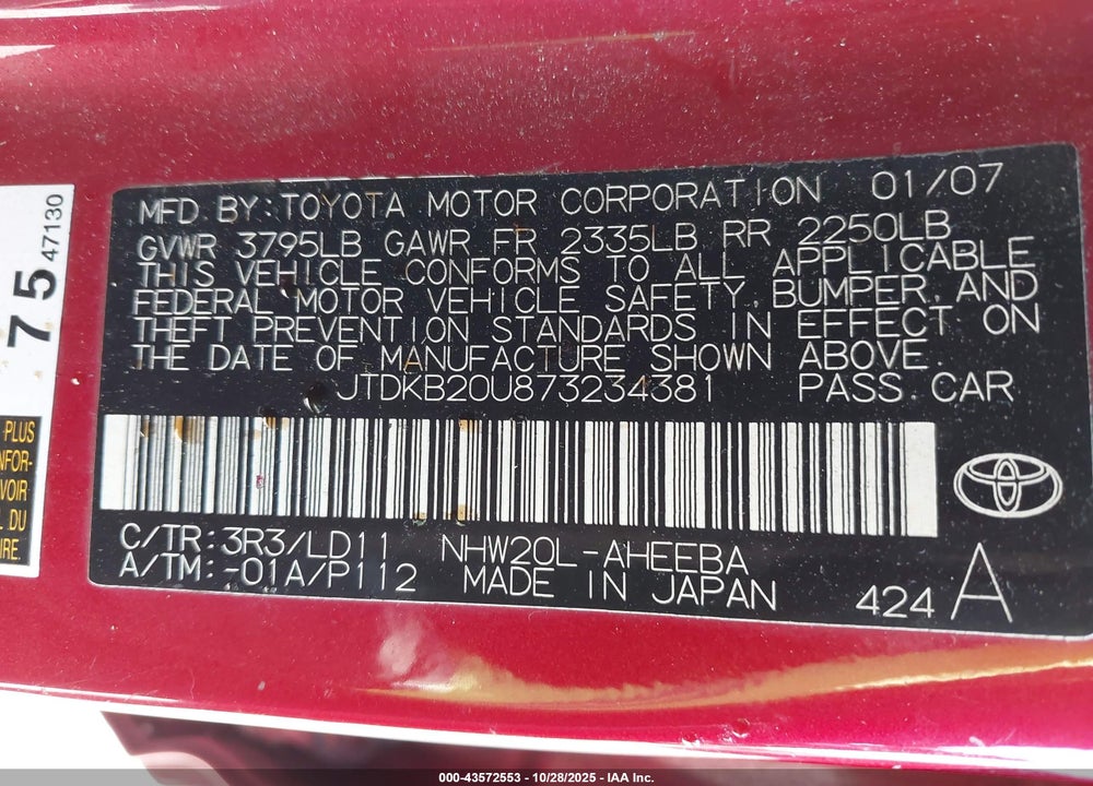 2007 TOYOTA PRIUS VIN: JTDKB20U873234381