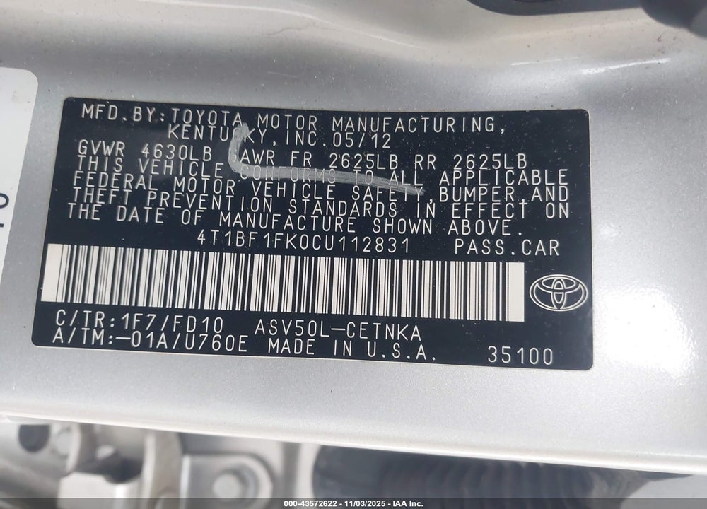 2012 TOYOTA CAMRY VIN: 4T1BF1FK0CU112831