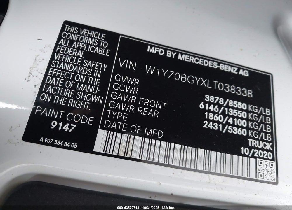 2020 MERCEDES-BENZ SPRINTER 1500 STANDARD ROOF I4 VIN: W1Y70BGYXLT038338