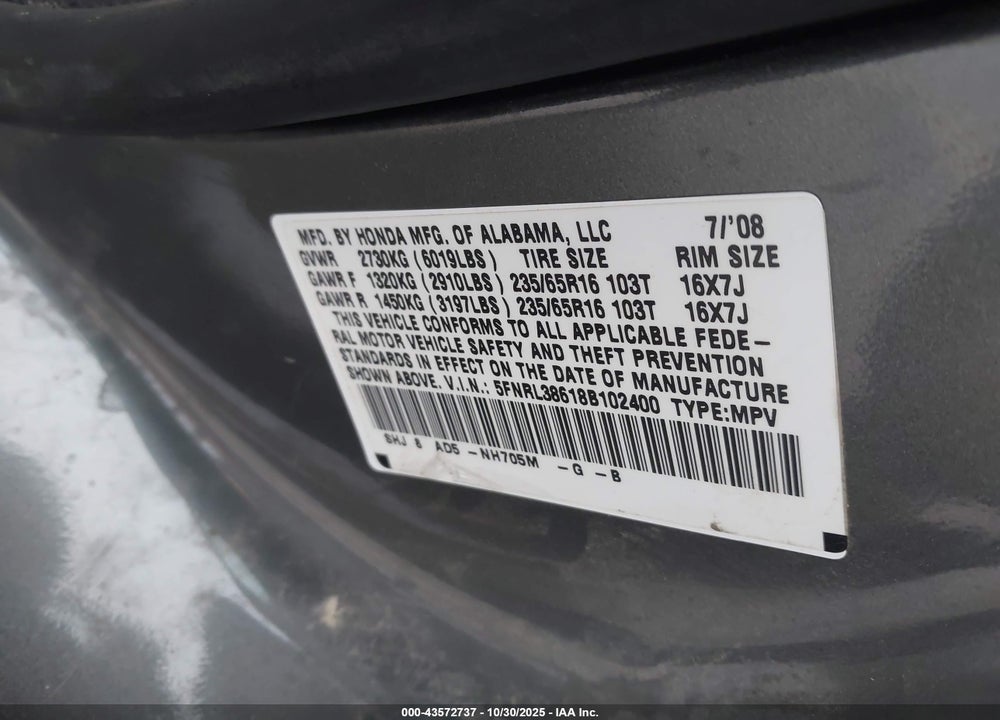 2008 HONDA ODYSSEY EX-L VIN: 5FNRL38618B102400