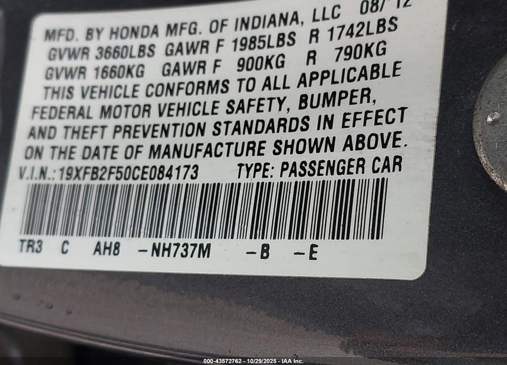 2012 HONDA CIVIC LX VIN: 19XFB2F50CE084173