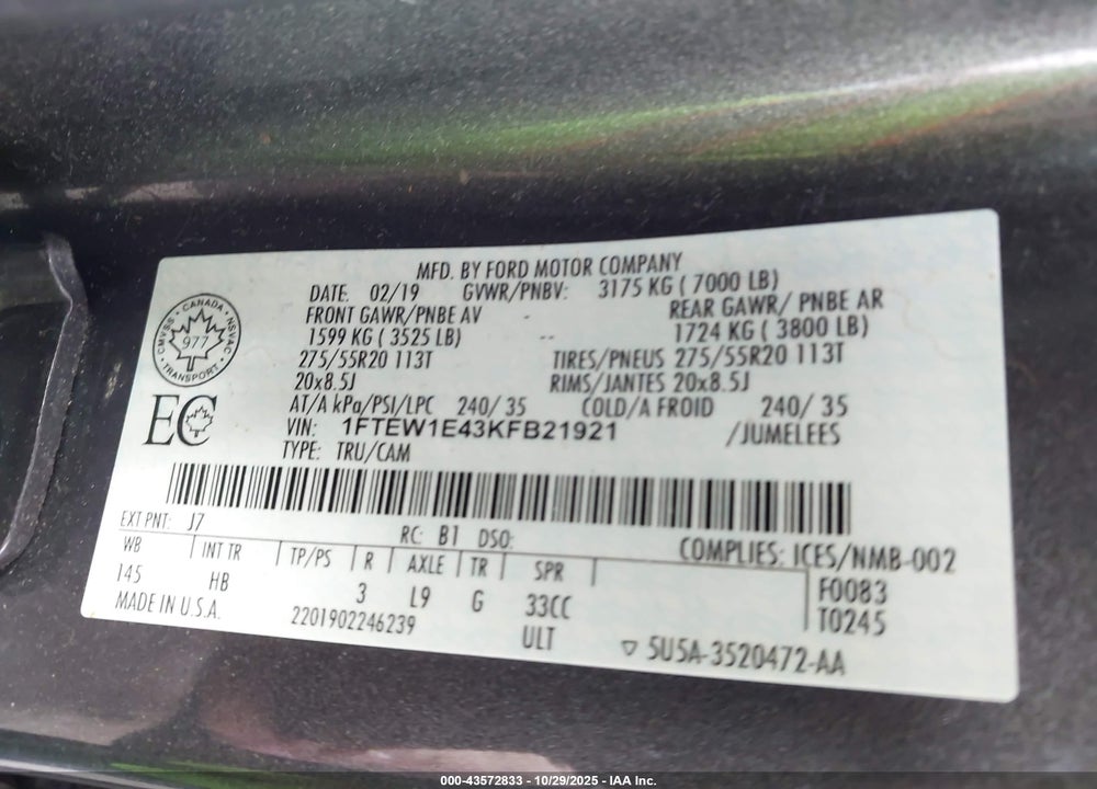 2019 FORD F-150 LARIAT VIN: 1FTEW1E43KFB21921