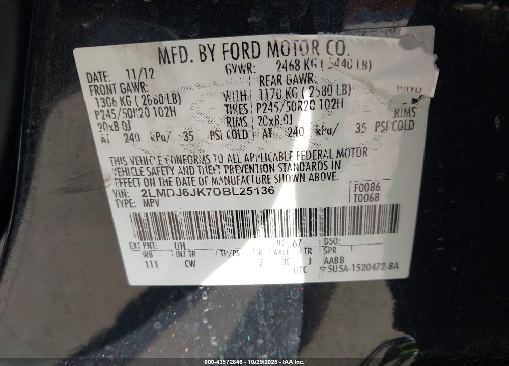 2013 LINCOLN MKX VIN: 2LMDJ6JK7DBL25136
