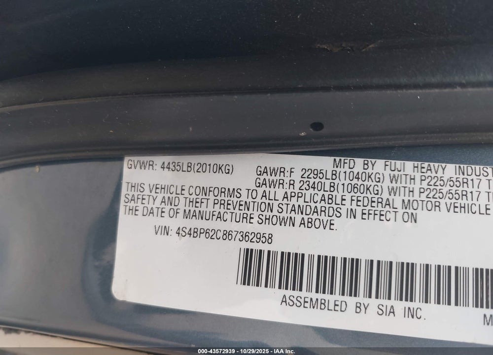 2006 SUBARU OUTBACK 2.5I LIMITED VIN: 4S4BP62C867362958